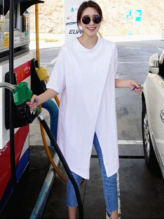 Solid Loose Simple Split-front T-shirt Top