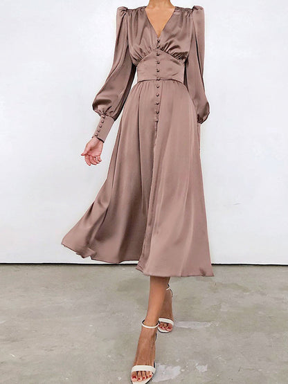 Urban Buttoned Split-Front High Waisted Puff Sleeve A-Line Midi Dress