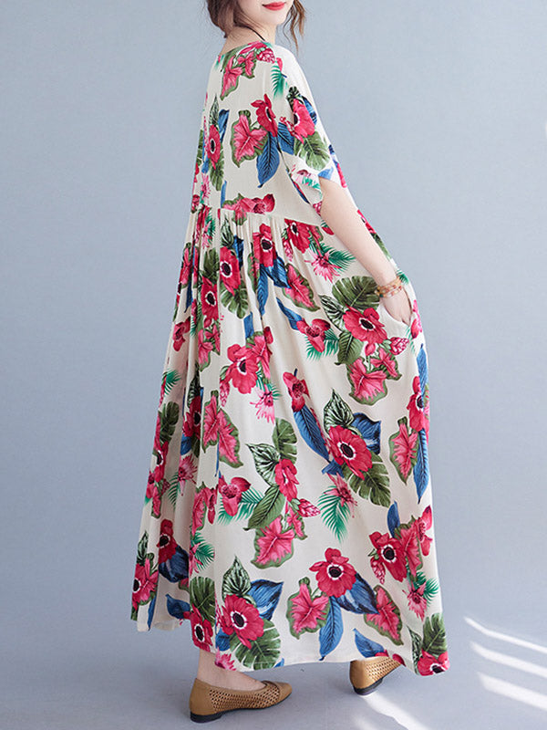 Artistic Retro Loose Floral Printed Pleated Round-Neck Half Sleeves Midi Dress