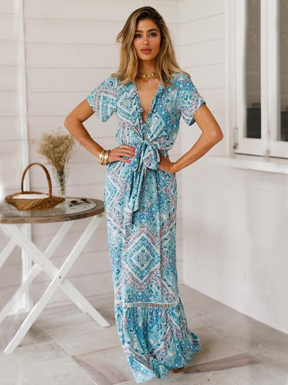 Hollow Printed Bow- Bohemia Maxi Dress