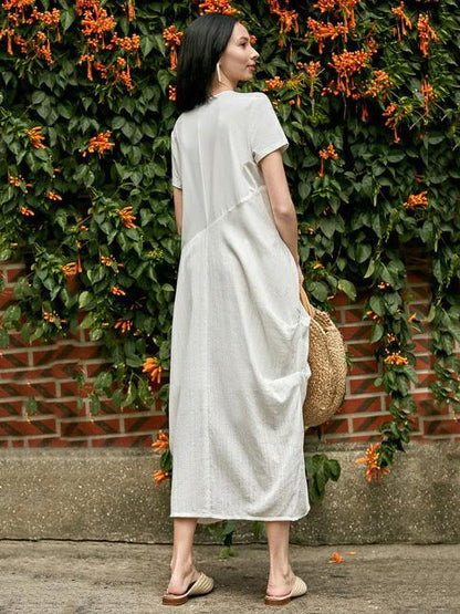 Loose White Split-joint Cropped Round-neck Long Dress