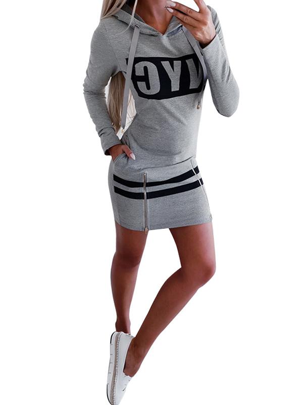 Fashion Long Sleeves Letters Printed Hooded Midi Dresses