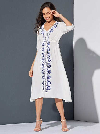 Bohemia Embroidered Floral V Neck Midi Dress