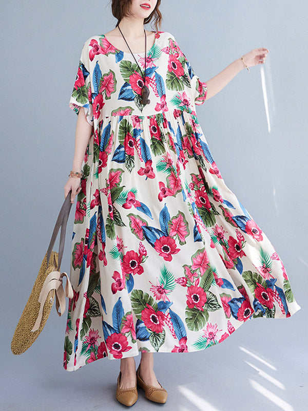 Artistic Retro Loose Floral Printed Pleated Round-Neck Half Sleeves Midi Dress