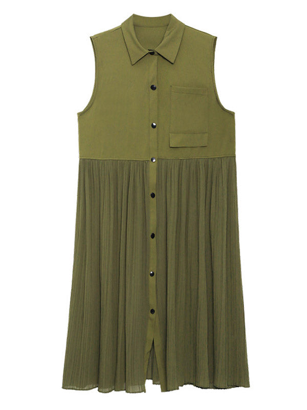 Fashion Split-Joint Pleated Sleeveless Lapel H-Line Midi Dress