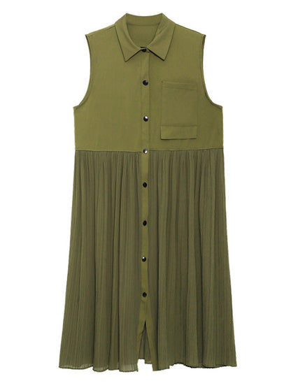 Fashion Split-Joint Pleated Sleeveless Lapel H-Line Midi Dress