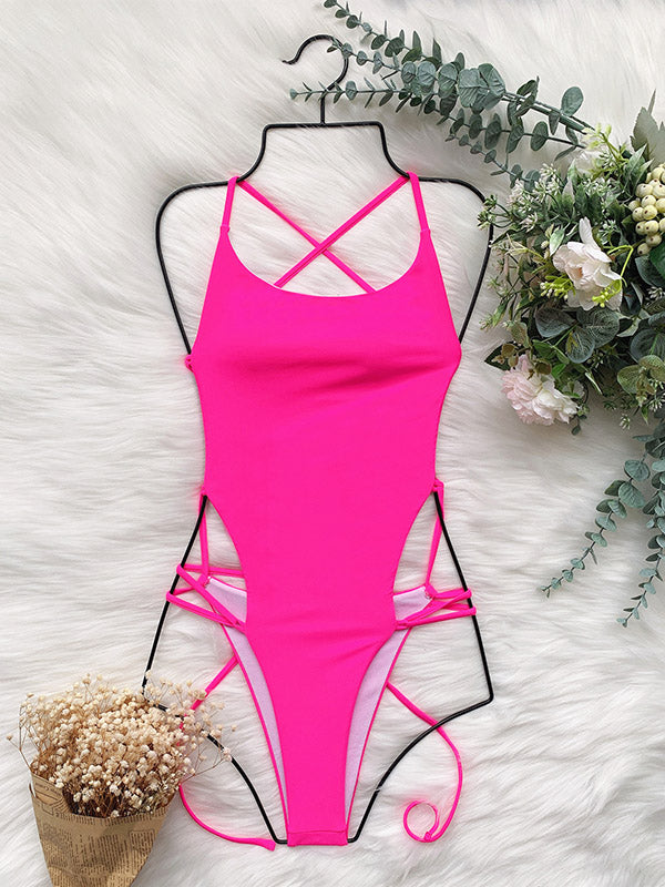 Sexy Solid Color Backless Bandage One-Piece Swimwear