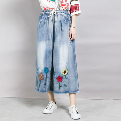 Casual Embroidered Flowers Wide Leg Jeans