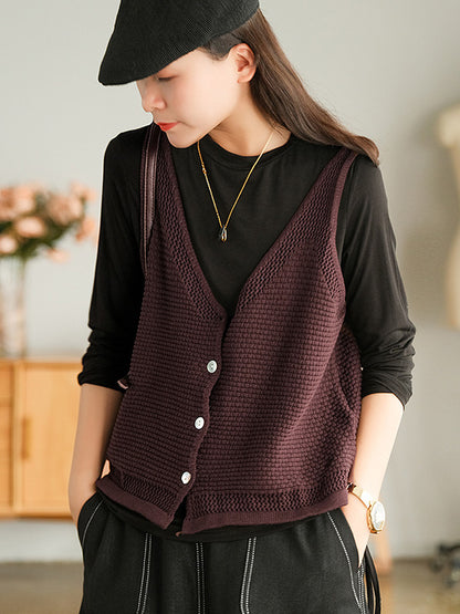 Simple Solid Color Buttoned V-Neck Hollow Vest Tops