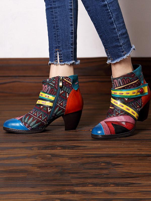 Vintage Split-joint Zipper Mid Heels Booties