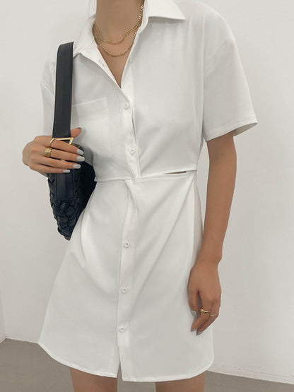 Original Solid Color Short Sleeve Lapel Shirt Dress