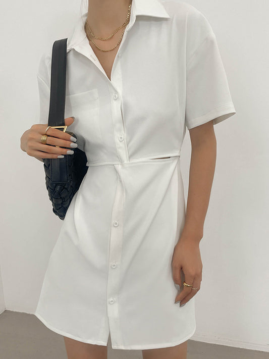 Original Solid Color Short Sleeve Lapel Shirt Dress