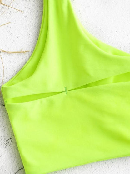 One Shoulder Plain Hollow Bikini Set