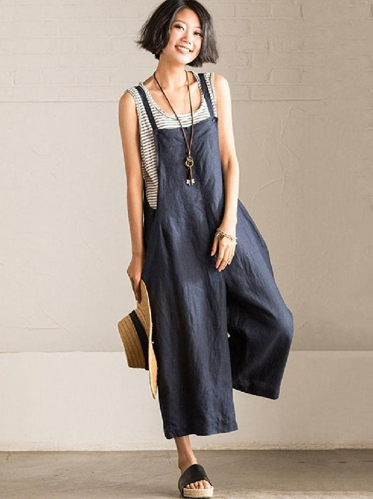 Loose Vintage Navy Blue Wide Leg Jumpsuits
