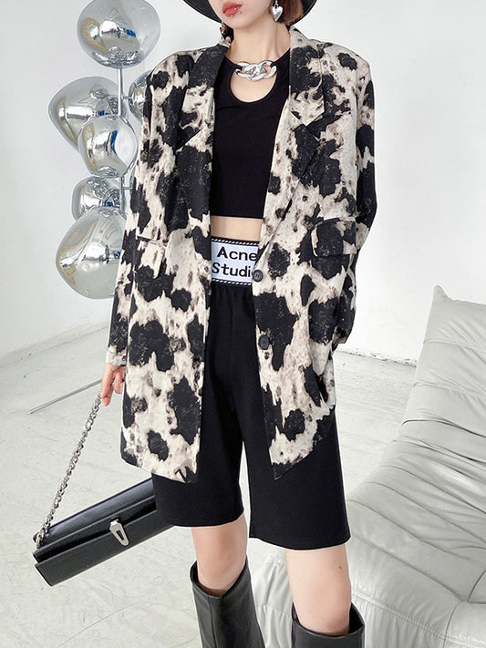 Stylish Original Printed Buttoned Split-Joint With Pocket Notched Collar Long Sleeves Blazer Outwear
