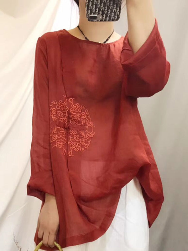 Vintage Ramie Cotton Embroidered Round-Neck T-Shirt Tops