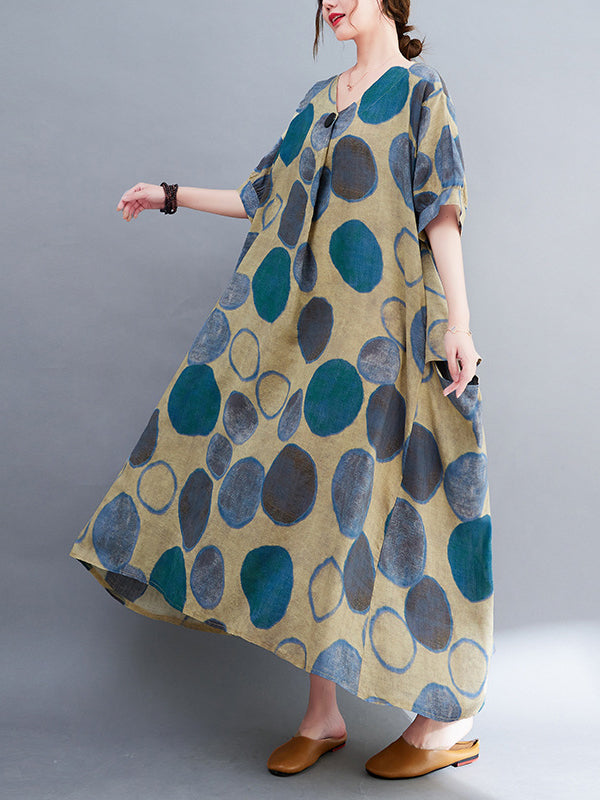 Original Artistic Retro Polka-Dot Ramie Cotton Midi Dress