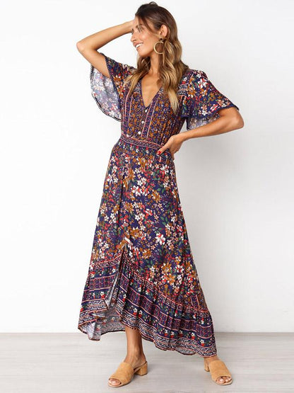 Printed Flared Sleeve Bohemian Flowers Maxi Dress