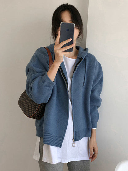 Fashion Solid Knitted Long Sleeves Hooded Outerwear