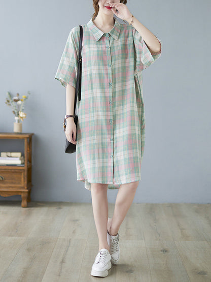 Urban Plaid Half Sleeve Lapel Shirt Dress