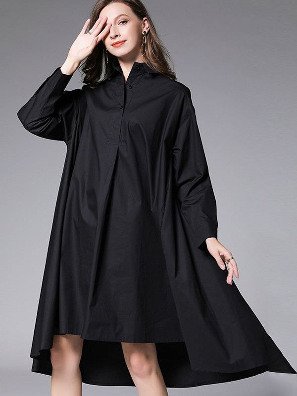 Simple Loose 4 Colors Buttoned Lapel Collar Raglan Sleeves High-Low Midi Dress