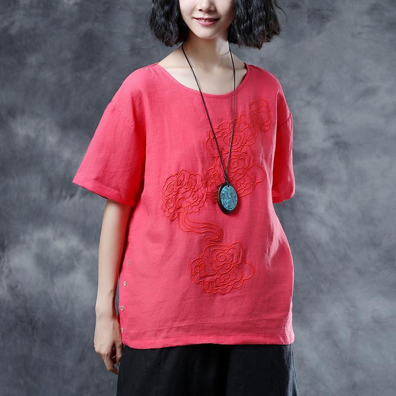 Casual Summer Short Sleeve Embroidery Red Blouse