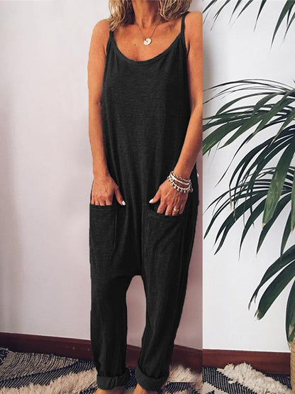 Solid Spaghetti-neck Jumpsuits