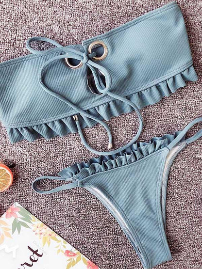 Falbala Lace-Up Bikinis Swimwear