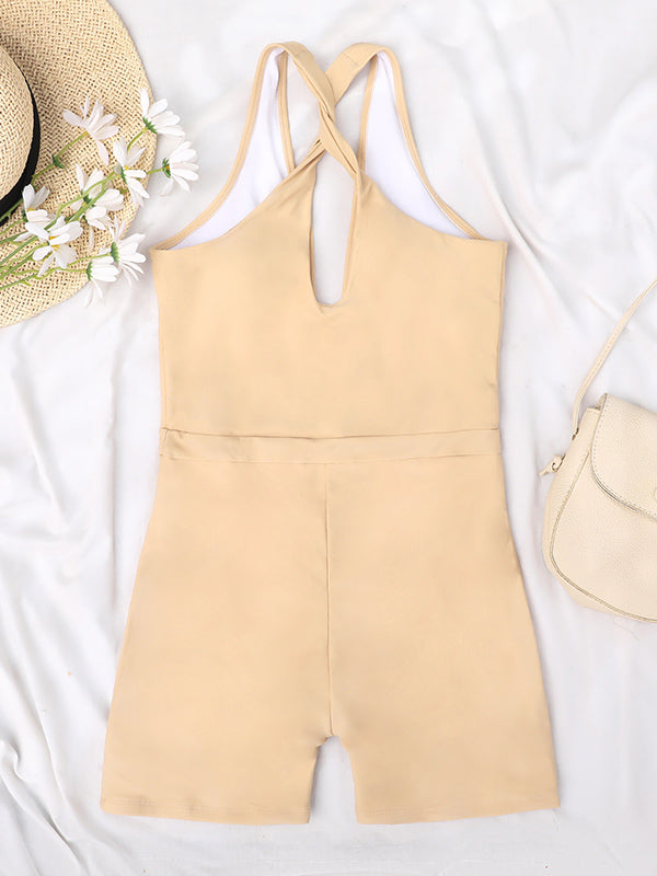 Solid Color Sport-Style V-Neck One-Piece Swimwear