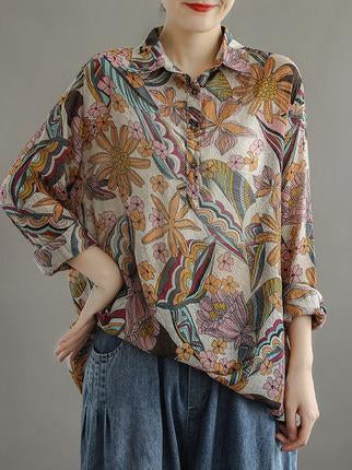 Artistic Retro Floral Lapel Shirt Blouse Tops