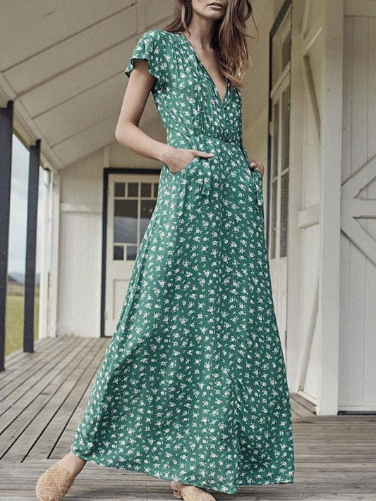 Printed Bow-embellished V-neck Maxi Dress