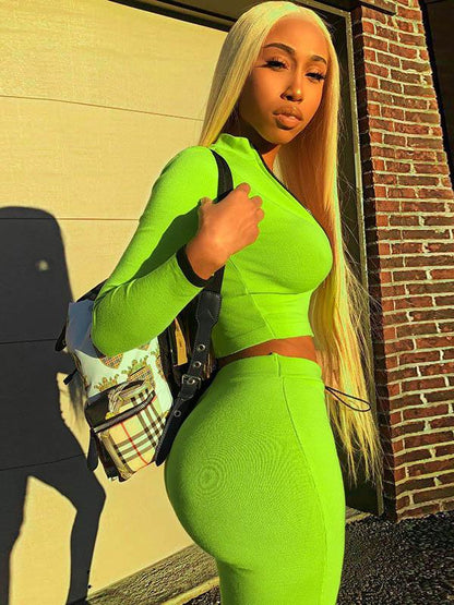 Solid Zipper Tee&Leggings Sports Suits