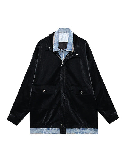 Original Stylish Cool Denim Split-Joint With Pocket Buttoned Lapel Collar Long Sleeves False Two Outwear