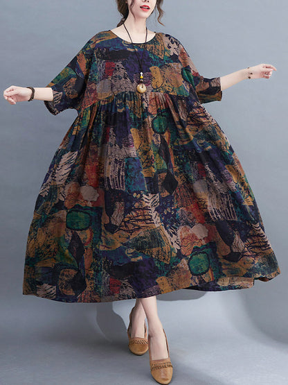 Stylish Printed Round-Neck Loose Batwing Sleeve Midi Dress