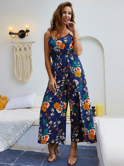 Printed Split-side Spaghetti-neck Jumpsuits