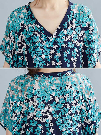 Original Floral Printed Loose V-Neck Batwing Sleeves Maxi Dress