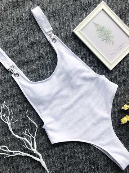 Ribbed Plain Wide Strap One-piece Swimsuit
