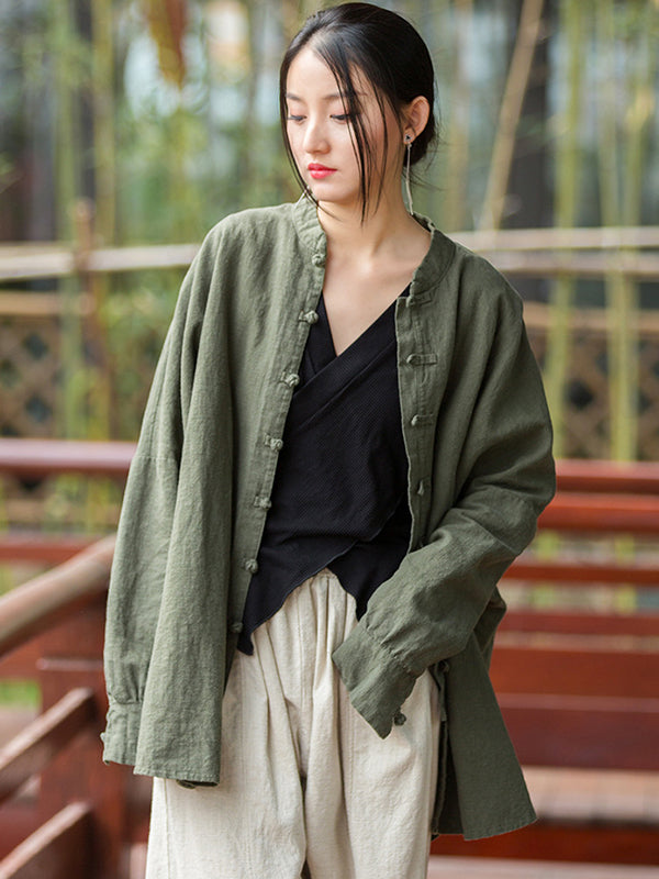 Original Artistic Retro Loose Solid Color Ramie Cotton Blouse Outwear