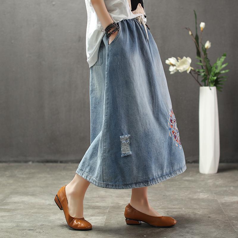 Denim Floral Embroidery A-Line Women Skirt