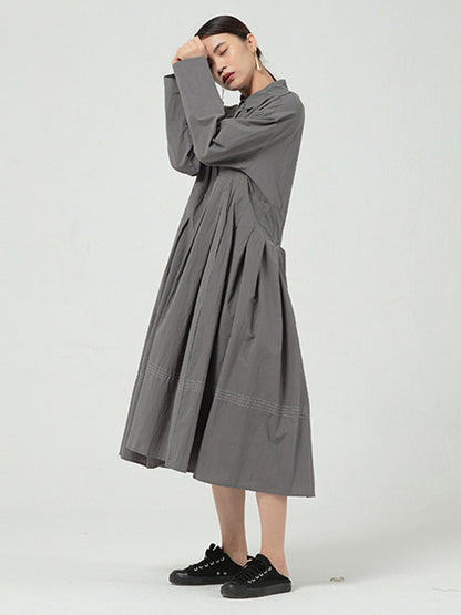 Casual Solid Color Buttoned Pleated Lapel Collar Long Sleeves Midi Dress