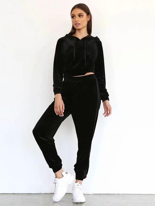 Velvet Hooded Sweatershirt And Harem Pants Suits