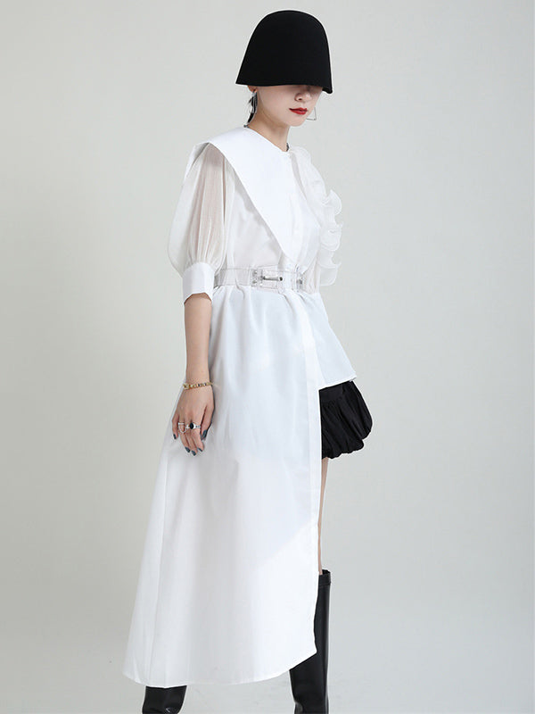 Stylish Irregular 4 Colors Split-Joint Pleated Mesh Falbala Buttoned Lapel Collar Bishop Sleeves Blouse