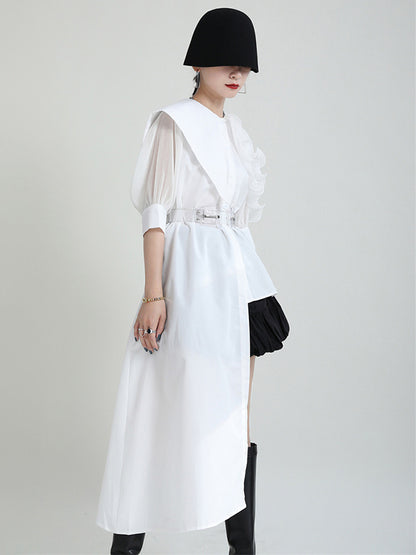 Stylish Irregular 4 Colors Split-Joint Pleated Mesh Falbala Buttoned Lapel Collar Bishop Sleeves Blouse