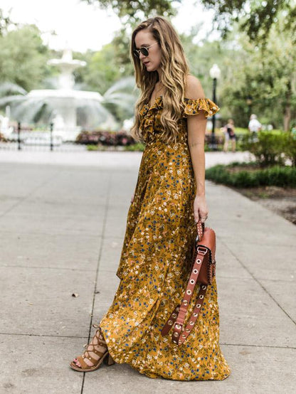 Spaghetti-neck Falbala Floral Maxi Dress