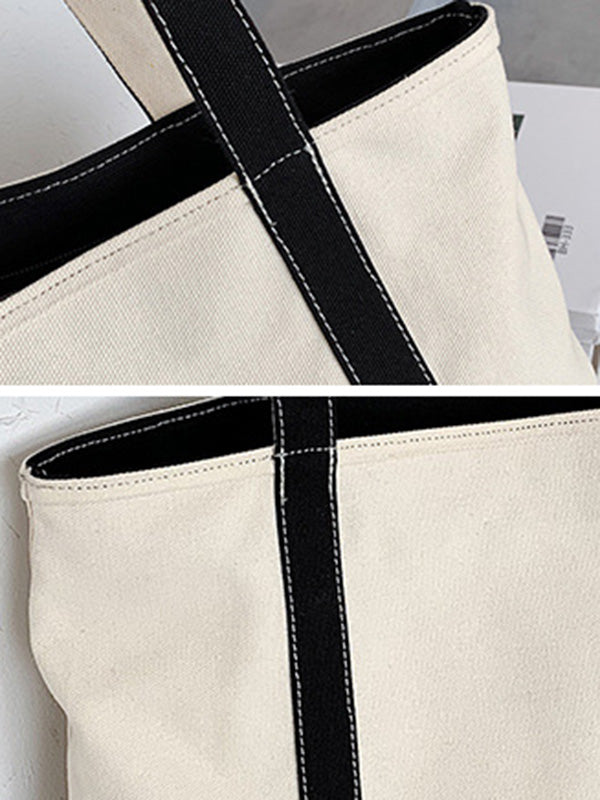Simple Split-Joint Canvas Shoulder Bag Tote Bag
