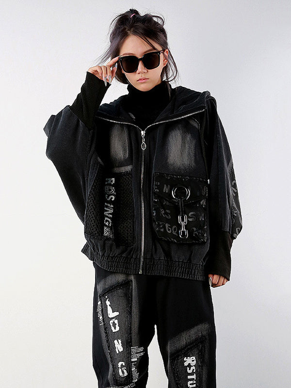 Stylish Cool Street Long Batwing Sleeves Letter Print Zipper Hooded Jackets&Coats