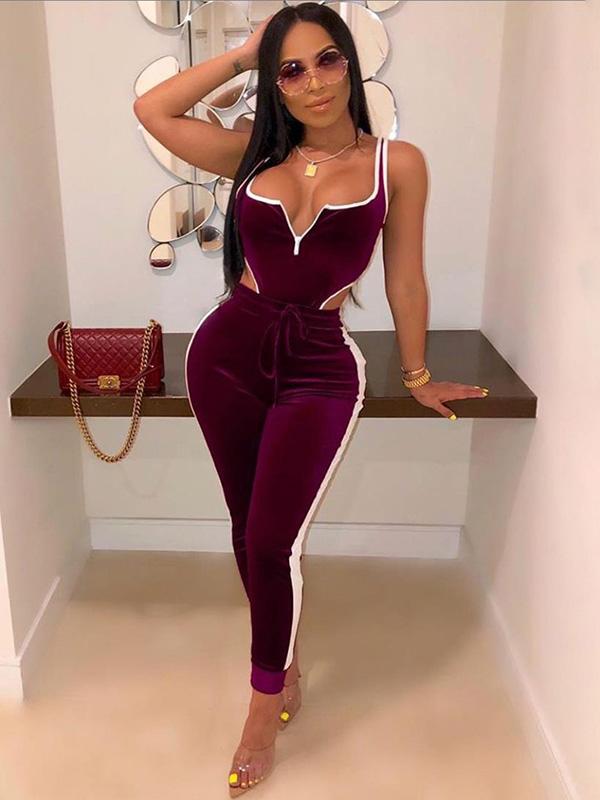 Drawstring Velvet Bodysuits&Pants Sports Suits