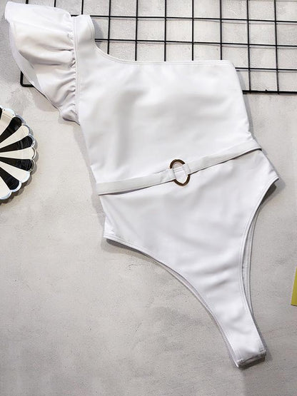 Falbala One Shoulder Plain One Piece Swimsuit