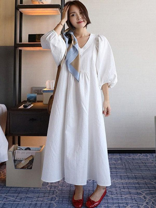 Simple V-neck Loose Plus Size Solid Maxi Dresses