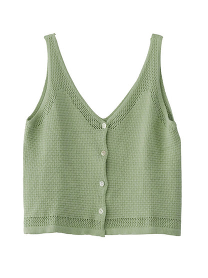 Simple Solid Color Buttoned V-Neck Hollow Vest Tops